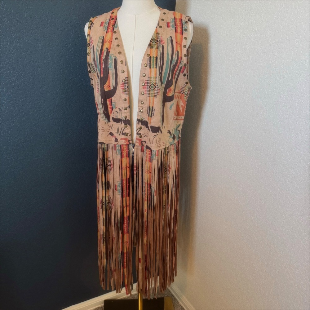 Western Cowgirl Boho Fashion Express Studded Faux Suede Fringe Vest Large Tan
